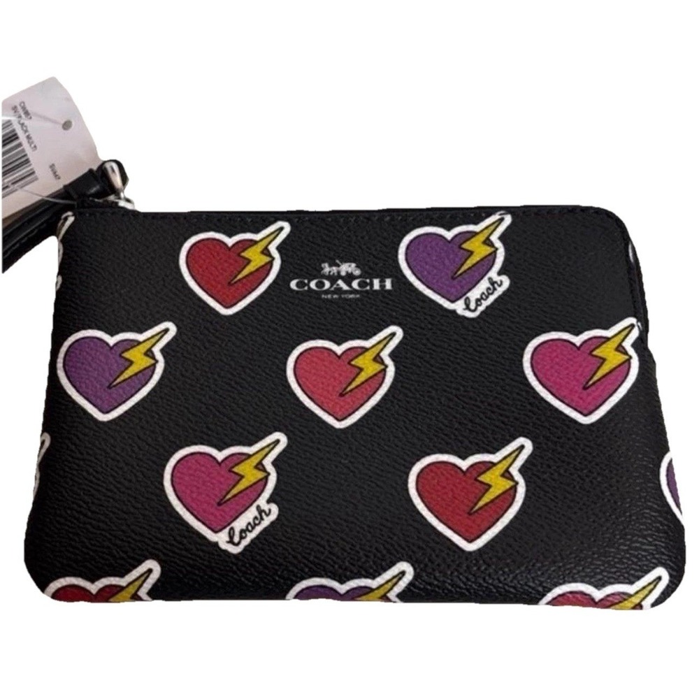 Coach Corner Zip Wristlet Black‎ Multi Heart Lightning Bolt Leather CN857 NEW